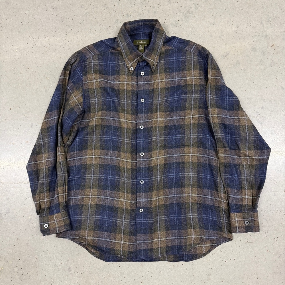 Ermenegildo Zegna Dark Tan and Blue Plaid Button-Up Shirt